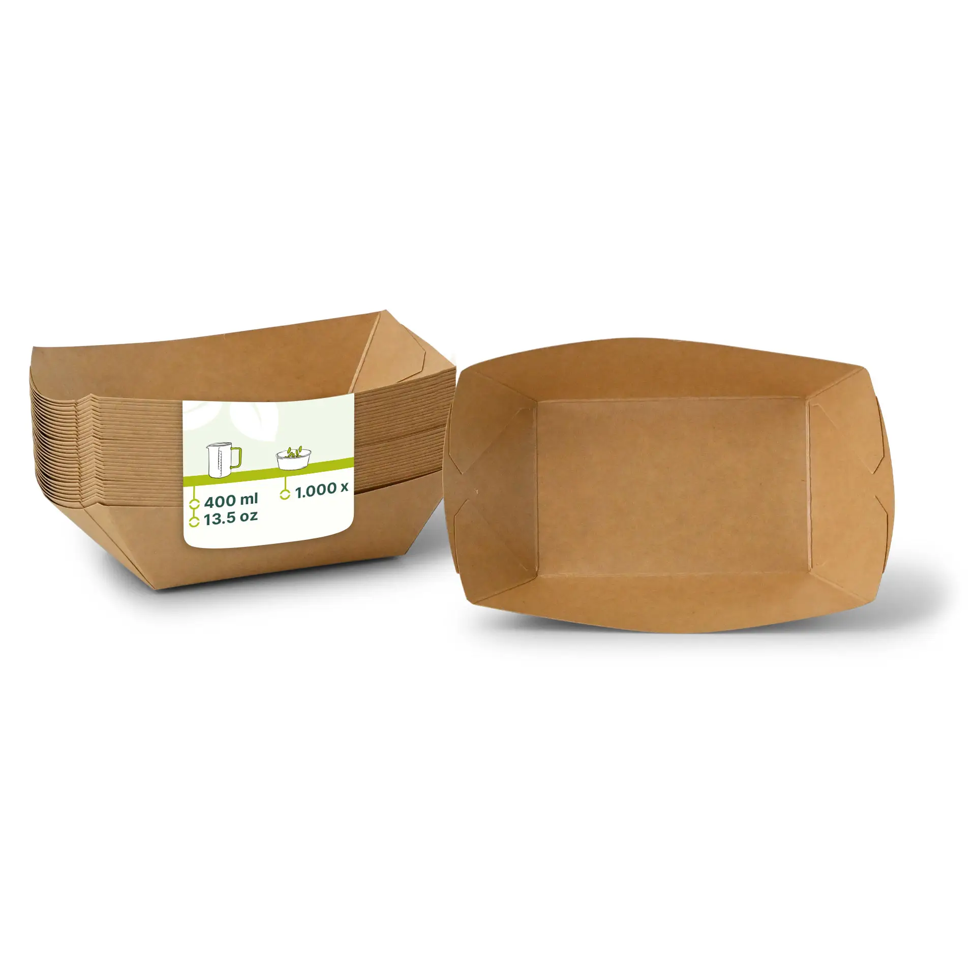 Brown cardboard snack trays, 400 ml capacity, shown stacked with one in focus; eco-friendly and biodegradable design.